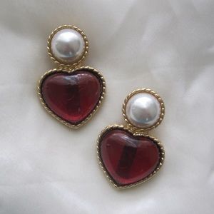 Red Gripoix Heart Pearl Drop Gold Clip On Earrings
